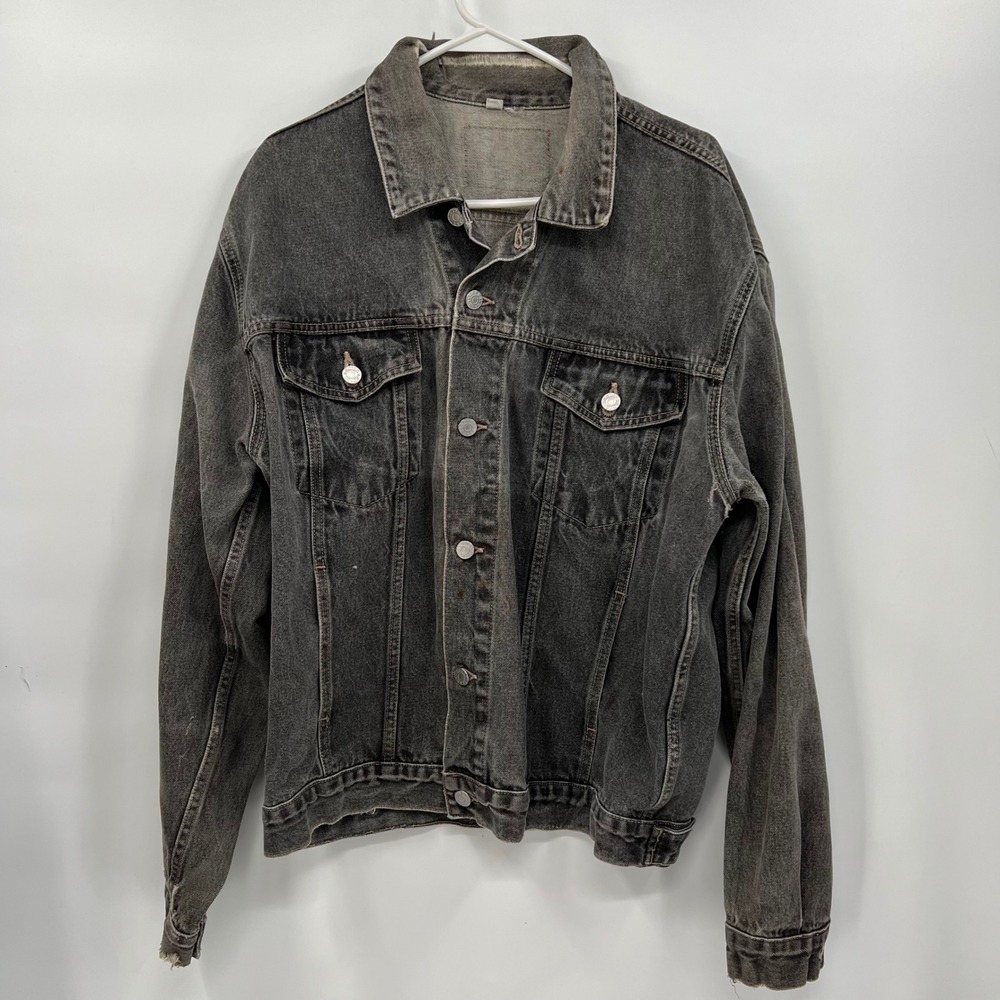 Guess Large Denim Jacket Mens Black Distressed Vintage Frayed Trucker 90s Grunge